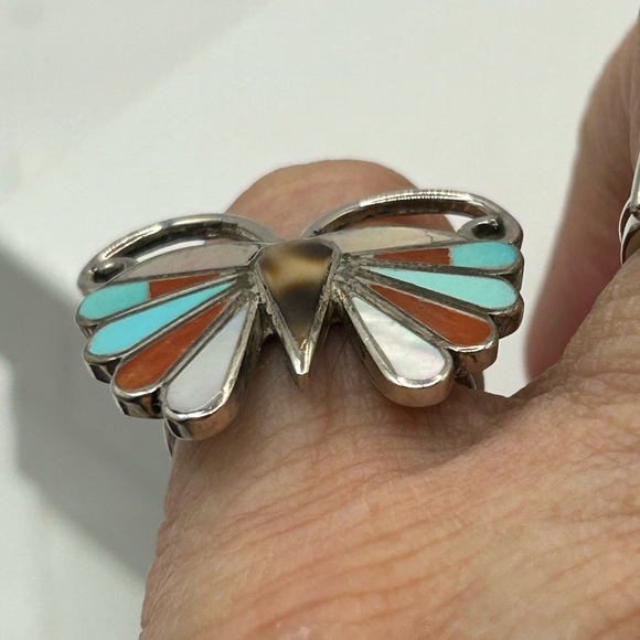 Sterling Silver Turquoise & Coral Chip Butterfly Ring Size 6.75 - Picture 7 of 7